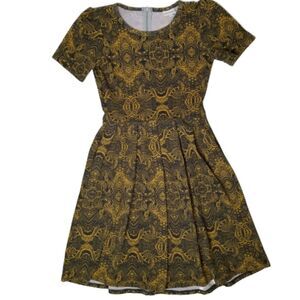 LuLaRoe‎ Amelia Fit and Flare Dress Yellow Navy Small